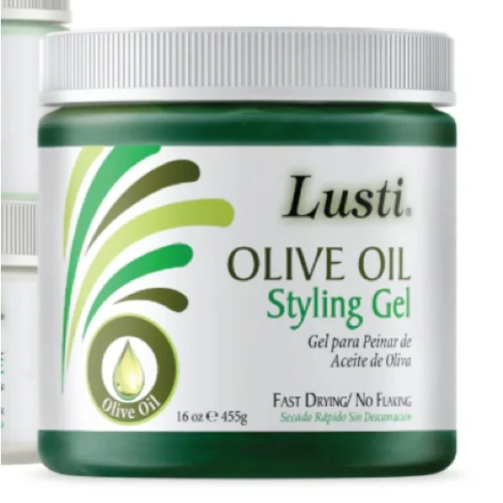 LUSTI OLIVE OIL STYLING GEL. Excellent fast drying and no flaking.